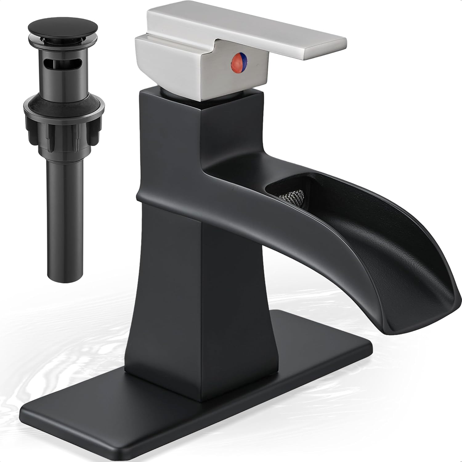 Brass Waterfall Faucet, Nickel and Black Bathroom Faucet, 1 Handle Bathroom Sink Faucets 1 Hole or 3 Hole (4 Inch) with Hoses Drain & Deck Plate