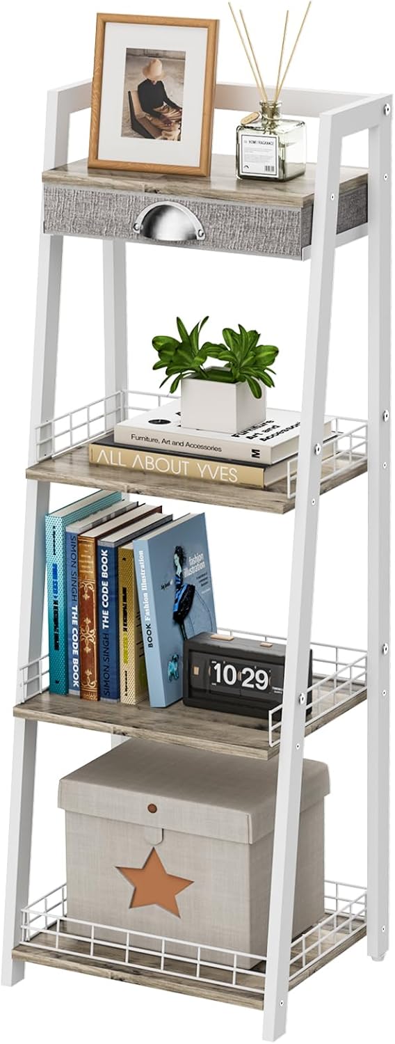 4-Tier Elegant Ladder Shelf, Bathroom Storage Shelf, Ladder Bookshelf with Drawer