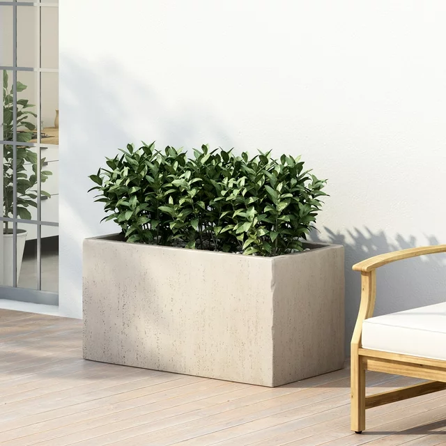 Outdoor Modern Cast Stone Rectangular Planter, White Medium