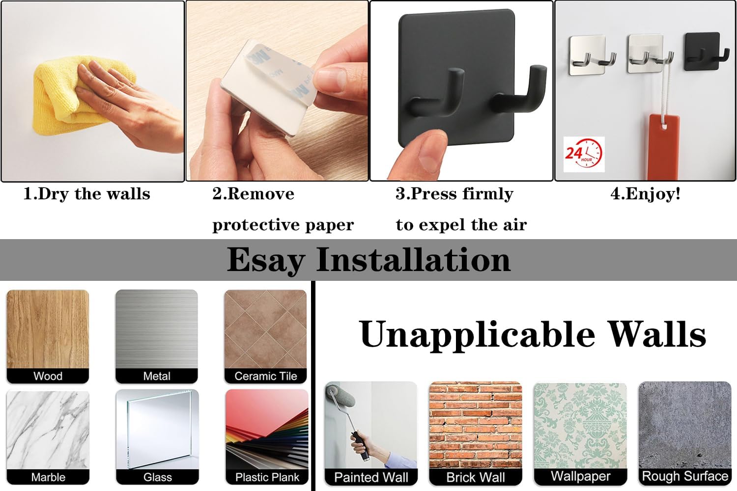 Razor Holder, Self Adhesive Towel Hooks for Bathroom, 6 Pack Stainless Steel Sticky Shower Razor Hook Waterproof Shaver Hanger Double Wall Hooks for Hanging Plug Loofah Robe(Matte Black)