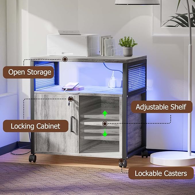 File Cabinet with LED Lights, Lateral Filing Cabinet with Power Outlets and USB Charging Ports