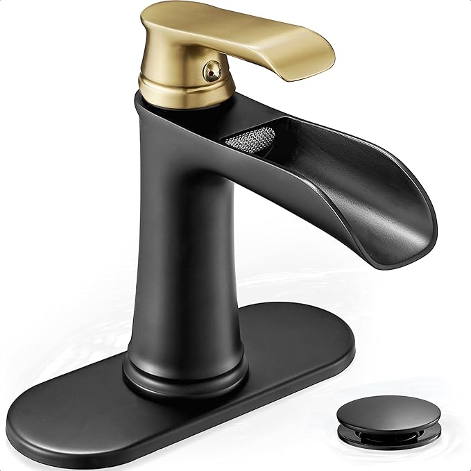 Brass Black and Gold Bathroom Faucet Waterfall, 1 Handle Bathroom Faucets for Sink 1 Hole or 3 Hole (4 Inch) with Drain Supply Hose & Deck Plate
