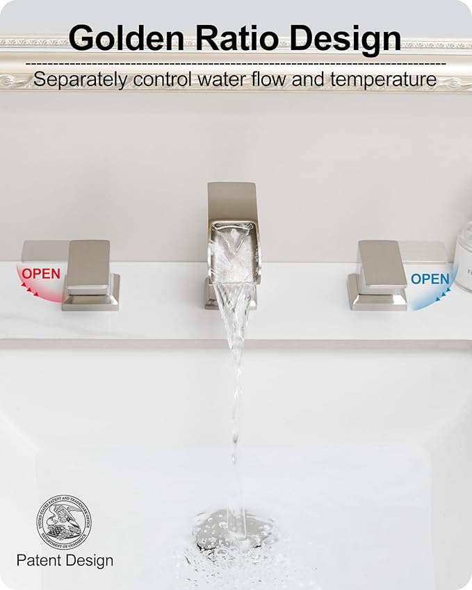 Bathroom Waterfall Faucet, Brass 4-16 Inch Brushed Nickel Faucet Bathroom Widespread 2 Handles Bathroom Sink Faucets 3 Hole with Hoses & Drain