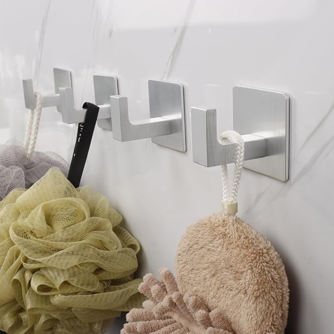 Bath Towel Hooks, 6 Pack Self Adhesive Square Coat Hooks, Sturdy No Drilling Robe Hook, Stainless Steel Heavy Duty Clothes Hanger, Wall Hooks for Bathroom Bedroom Kitchen (2 in, Silver)