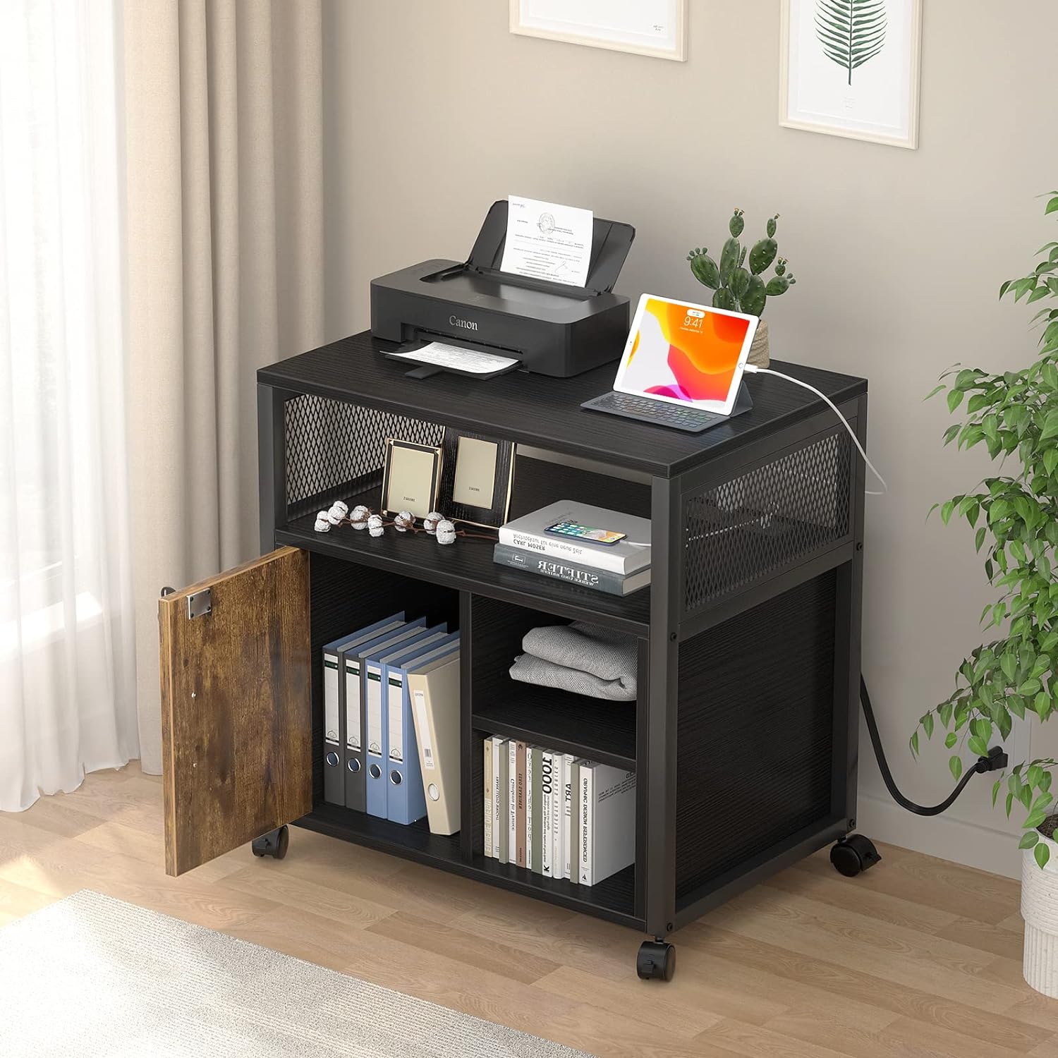 Modern Rolling Printer Stand with Storage for A4, Letter Size and File Folders