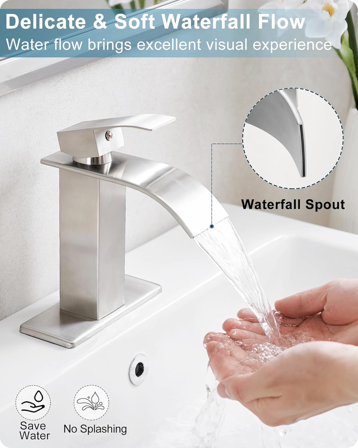 Brushed Nickel Bathroom Faucet Single Handle, Brass Waterfall Bathroom Sink Faucet 1 Hole or 4 Inch 3 Hole Bathroom Faucets with Deck Plate & Pop-up Drain Supply Hose for Lavatory No Splashing