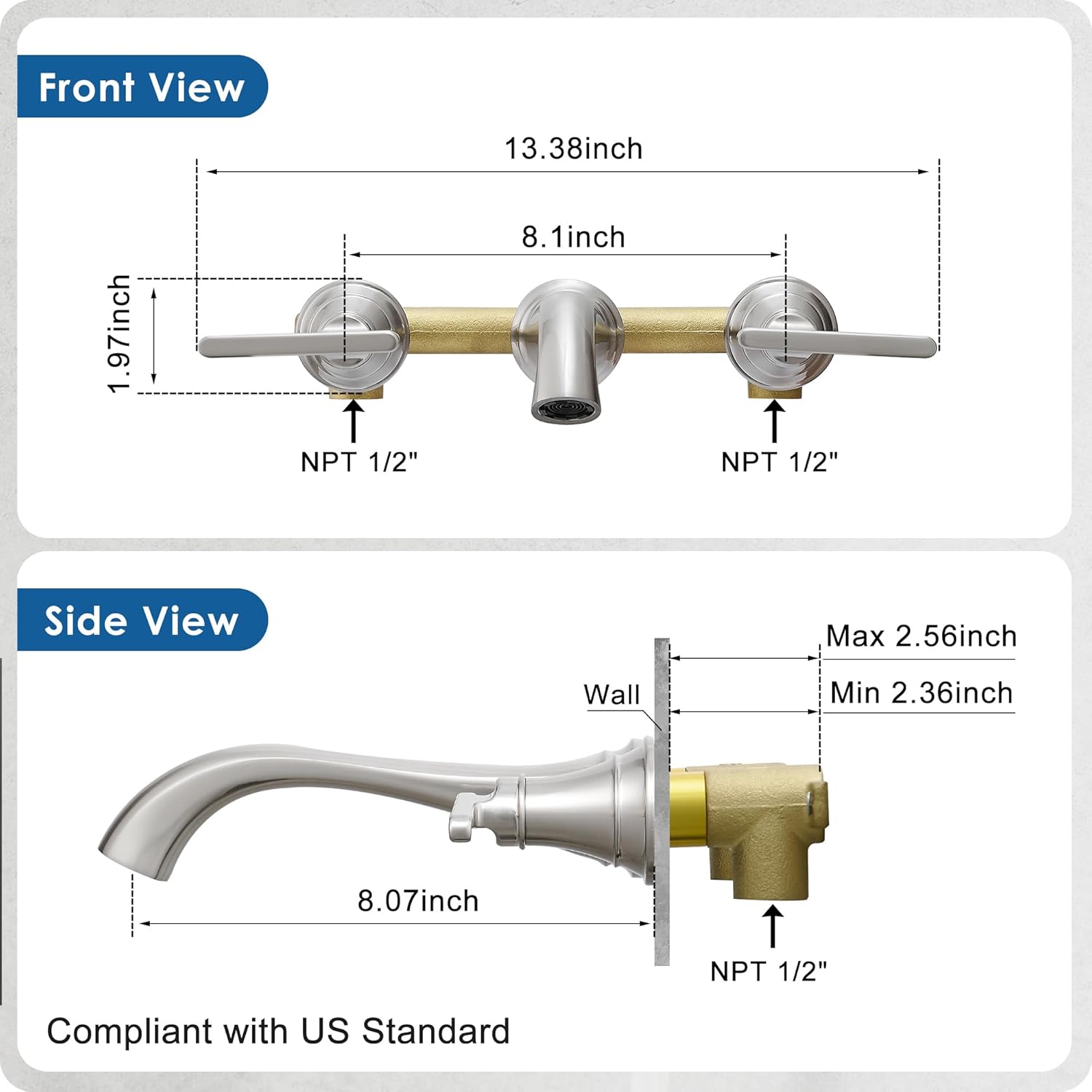 Brass Wall Mount Tub Filler, High Flow 8" Spout Reach Brushed Nickel Bathtub Faucet, 2 Handles Tub Faucets, Rough in Valve Included
