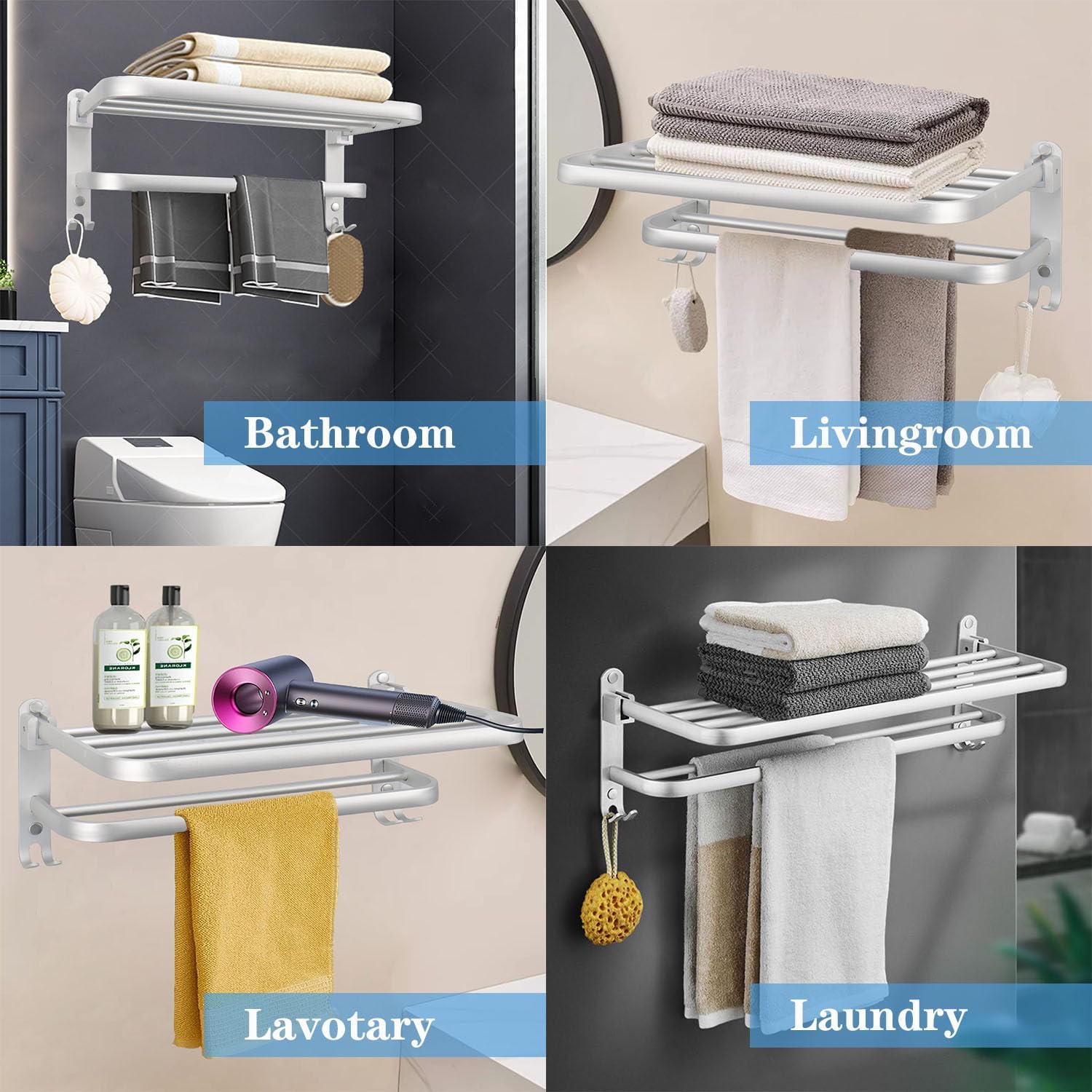 Bath Towel Holder with Double Towel Bar and Fold-able Towel Shelf, Rustproof Towel Organizer Wall Mounted Towel Storage Hanger (16In Sliver)