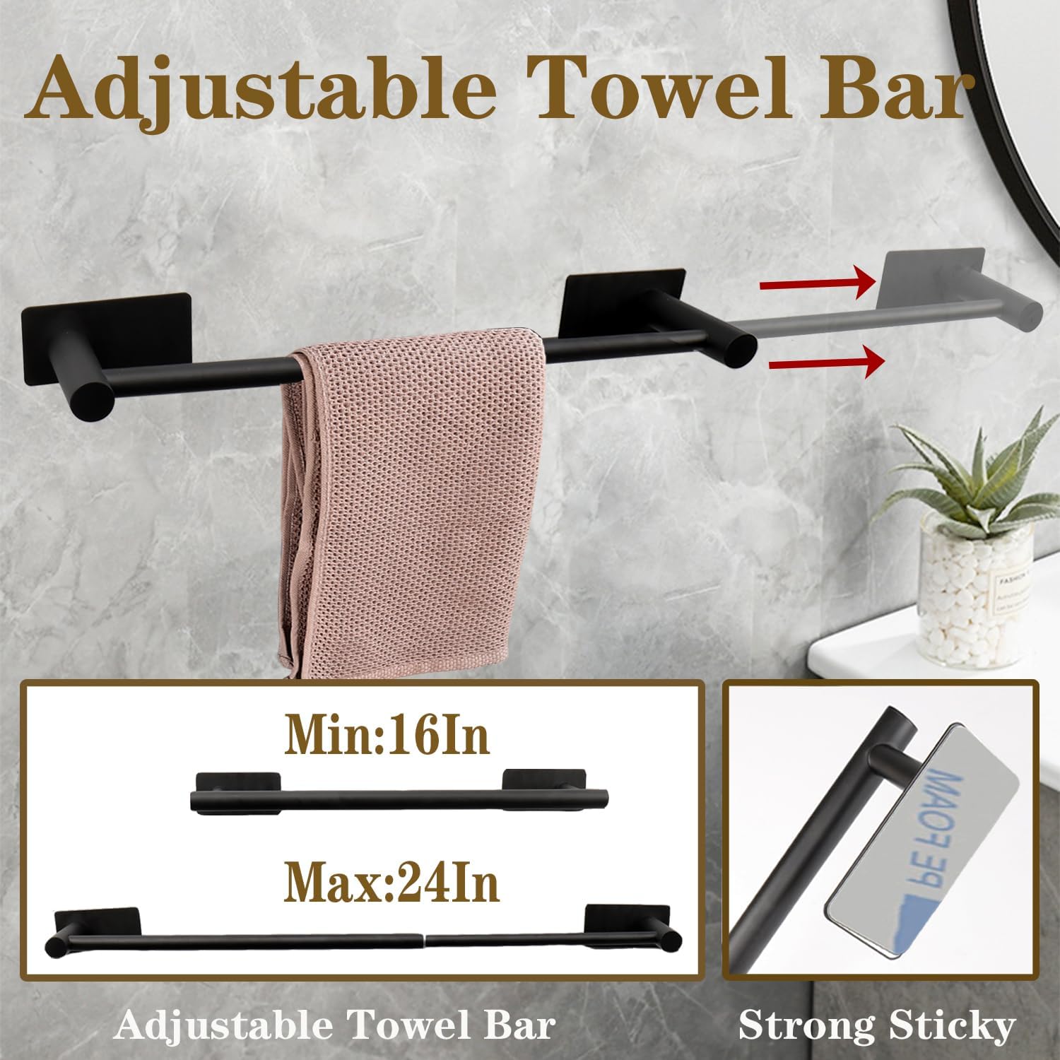 6 PCS Self Adhesive Bathroom Hardware Set, Stainless Steel Towel Rack Set - Adjustable 24In Bath Towel Bar+Toilet Paper Holder+3 Towel Hooks+Towel Ring Bathroom Accessory Kit(Matte Black)