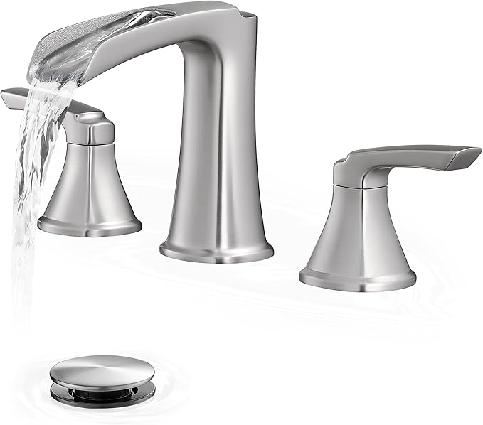 Brushed Nickel Bathroom Faucets, Brass Widespread Waterfall Faucet for Bathroom Sink, 3 Hole Bathroom Sink Faucet, 4-16 Inch 2 Handle Bathroom Vanity Faucets with Pop-up Drain for Lavatory RV