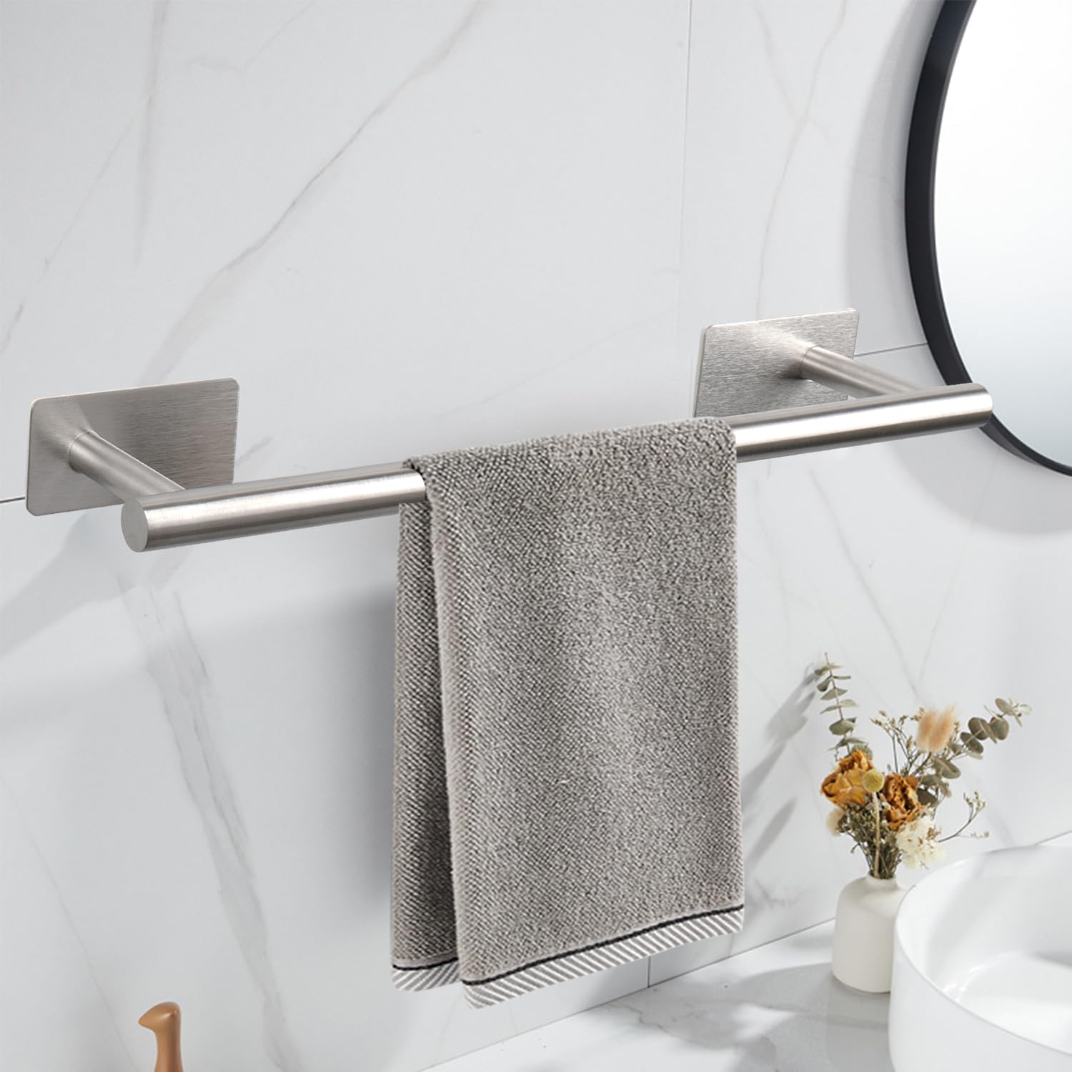 Self Adhesive Bath Towel Bar, Stainless Steel Towel Racks for Bathroom No Drilling Heavy Duty Towel Holder Stick on Wall Sturdy and Rustproof Towel Hanger for Bathroom(Brushed Nickel,16In)