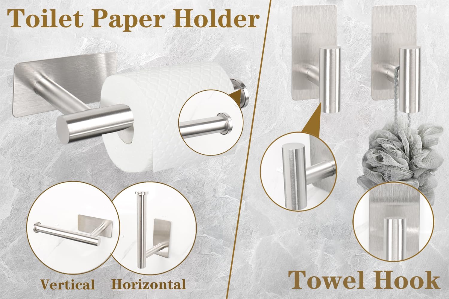 6 PCS Self Adhesive Bathroom Hardware Set, Stainless Steel Towel Rack Set - 16In Bath Towel Bar+Toilet Paper Holder+3 Towel Hooks+Towel Ring No Drill Bathroom Accessory Kit(Brushed Nickel)