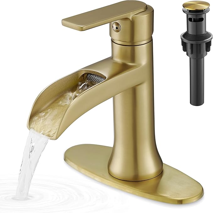 Brushed Gold Sink Faucet Bathroom Brass Waterfall Bathroom Faucet Single Handle, Lavatory Faucets Bathroom, 4 Inch 1 or 3 Hole Bathroom Faucet with Pop-Up Drain & Deck Plate Quick Install