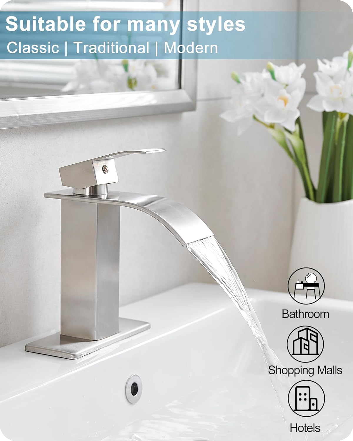 Brushed Nickel Bathroom Faucet Single Handle, Brass Waterfall Bathroom Sink Faucet 1 Hole or 4 Inch 3 Hole Bathroom Faucets with Deck Plate & Pop-up Drain Supply Hose for Lavatory No Splashing
