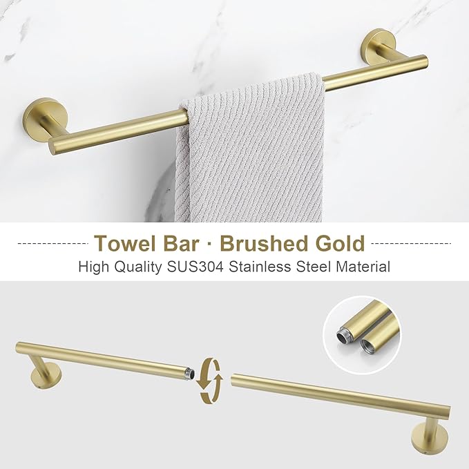 Bathroom Towel Holder Set, 5-Piece Towel Bar Set Brushed Gold Steel Wall Mounted Bathroom Hardware Accessories