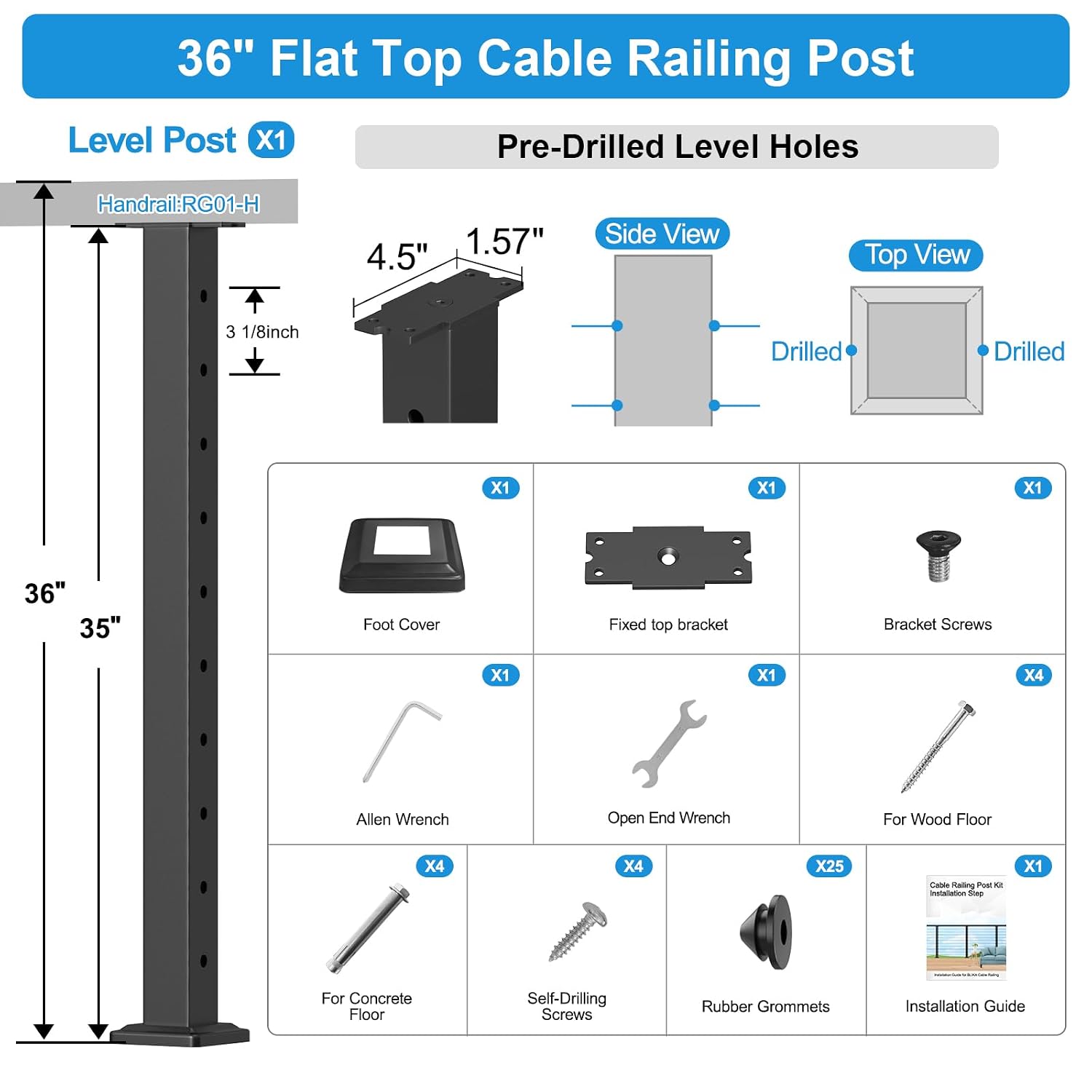 36" Level Drilled Cable Railing Post, Surface Mount Cable Rail Post, Black Cable Railing Kits