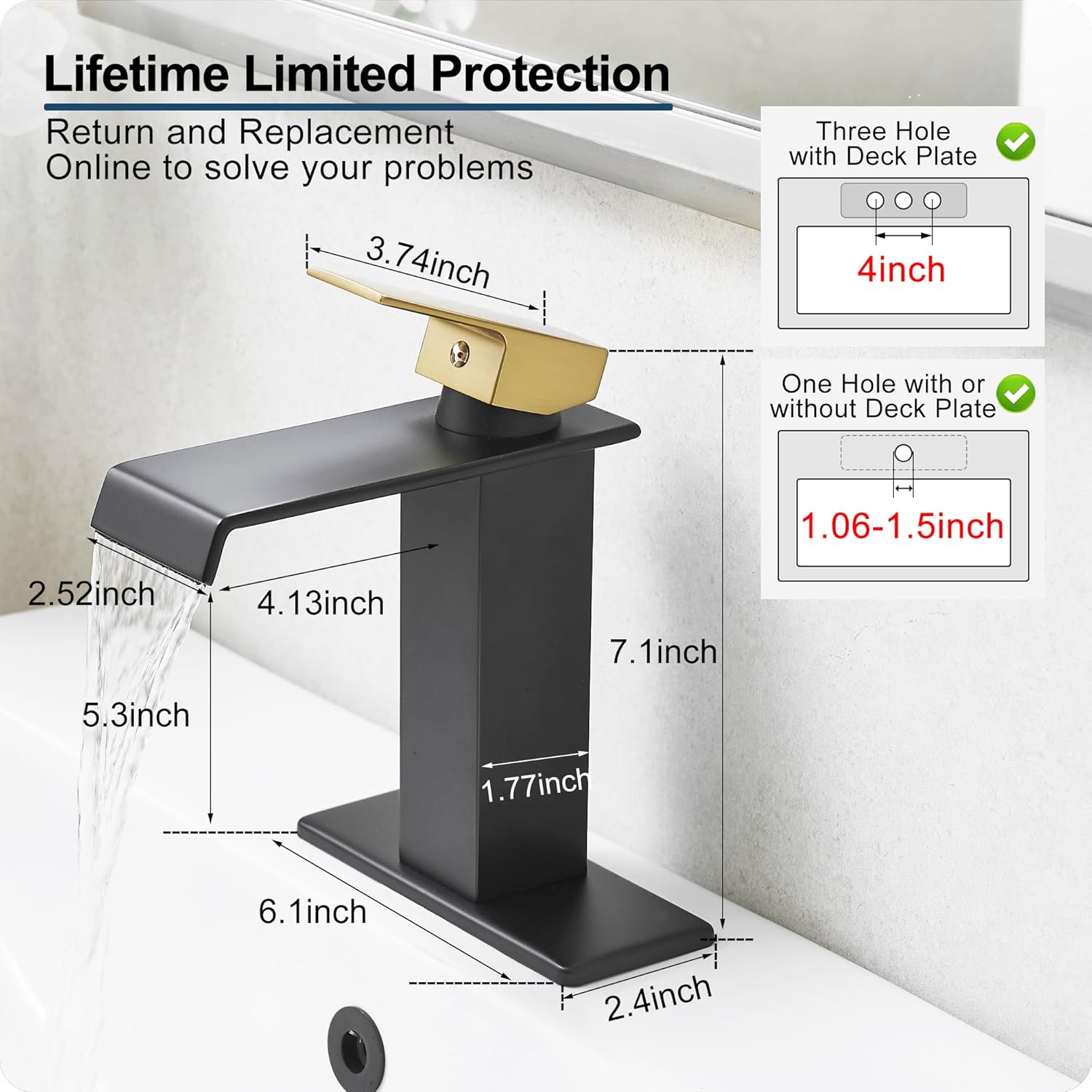 Black and Gold Bathroom Faucet Waterfall, Brass Bathroom Sink Faucet Single Handle, Bathroom Faucets One Hole or 3 Hole Bathroom Sink Faucets with Deck Plate & Pop-up Drain for Shopping Malls