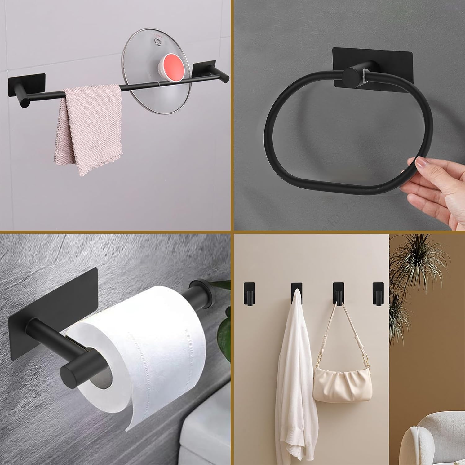 6 PCS Self Adhesive Bathroom Hardware Set, Stainless Steel Towel Rack Set - Adjustable 24In Bath Towel Bar+Toilet Paper Holder+3 Towel Hooks+Towel Ring Bathroom Accessory Kit(Matte Black)