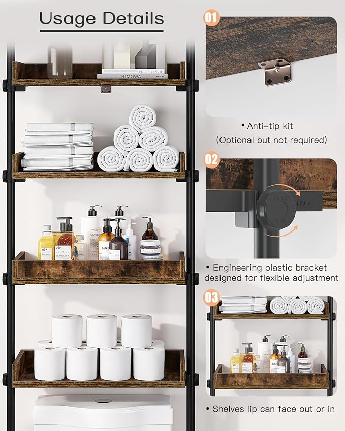 Bathroom Organizer, Over The Toilet Storage, 4-Tier Adjustable Wood Shelves for Small Rooms, Saver Space Rack