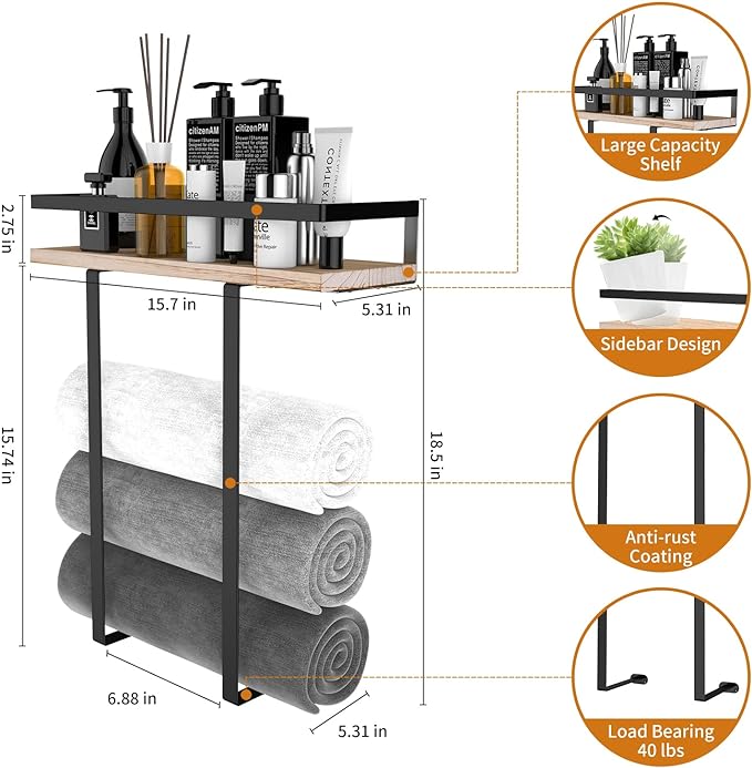 Metal Towel Holder with Wooden Shelf for Folding Large Towels, Towel Storage for Small Bathroom Organizer