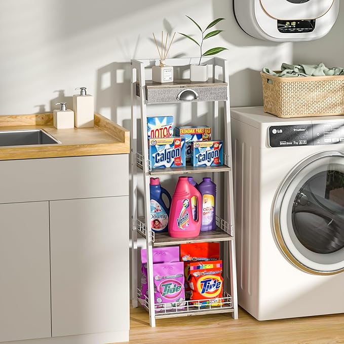 4-Tier Elegant Ladder Shelf, Bathroom Storage Shelf, Ladder Bookshelf with Drawer