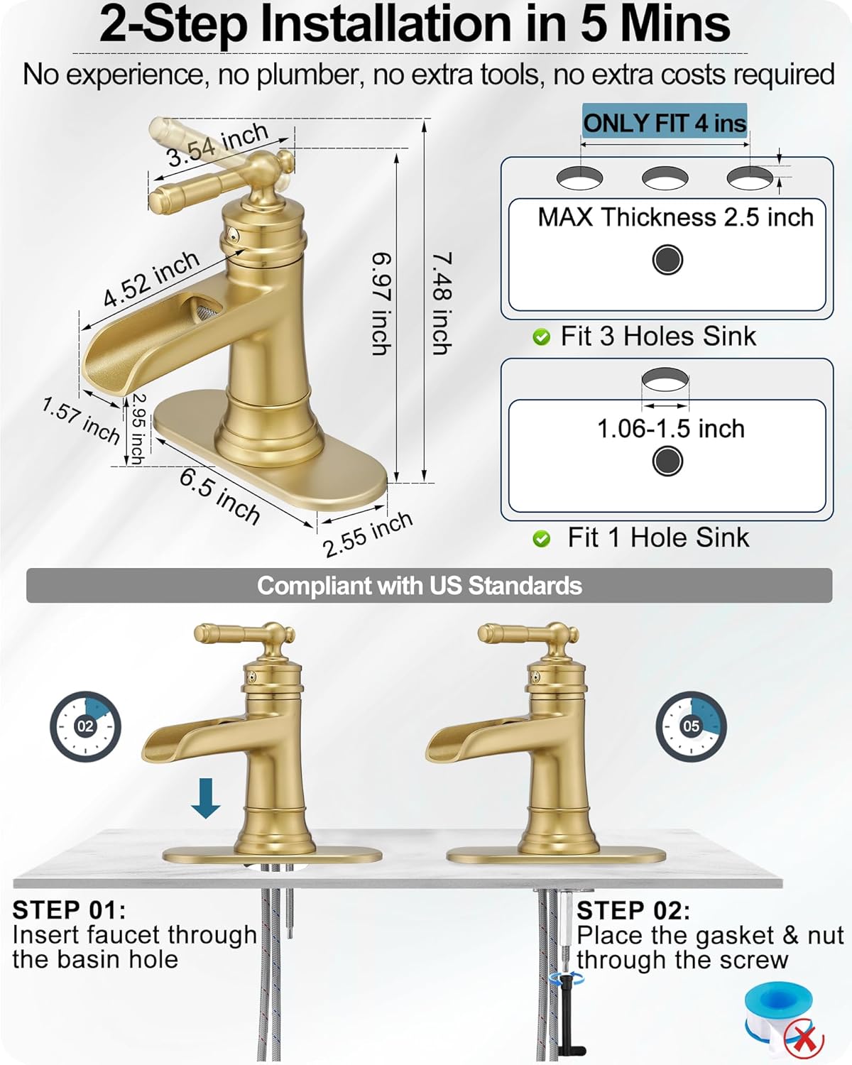 Waterfall Bathroom Sink Faucet, Brass Gold Bathroom Faucet 1 Hole, Single Handle Bathroom Faucets for Sinks, 4 Inch 3 Holes Faucet Bathroom Sink with Drain Deck Plate Supply Hoses for Lavatory