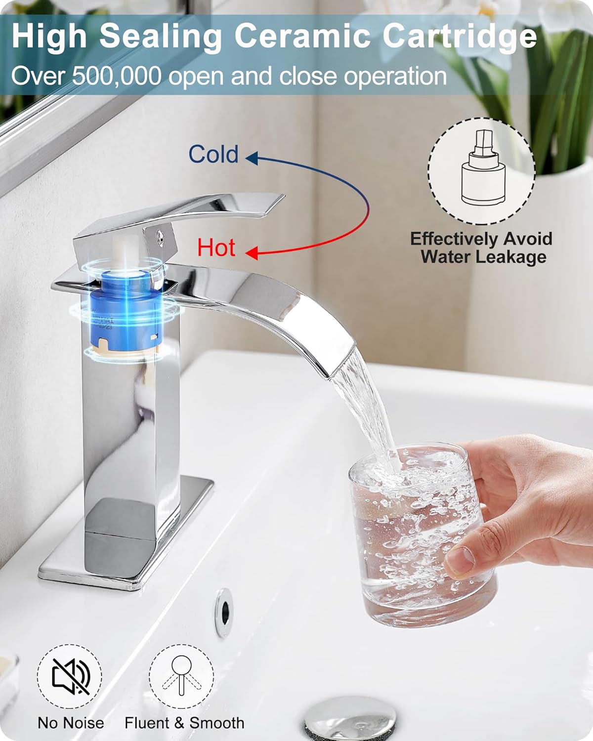 Bathroom Waterfall Faucet, Brass Chrome Bathroom Faucet Single Hole or 3 Hole (4 Inch) Bathroom Faucets Single Handle with Deck Plate & Pop-Up Drain Water Hoses for Apartment 5 Mins Installation