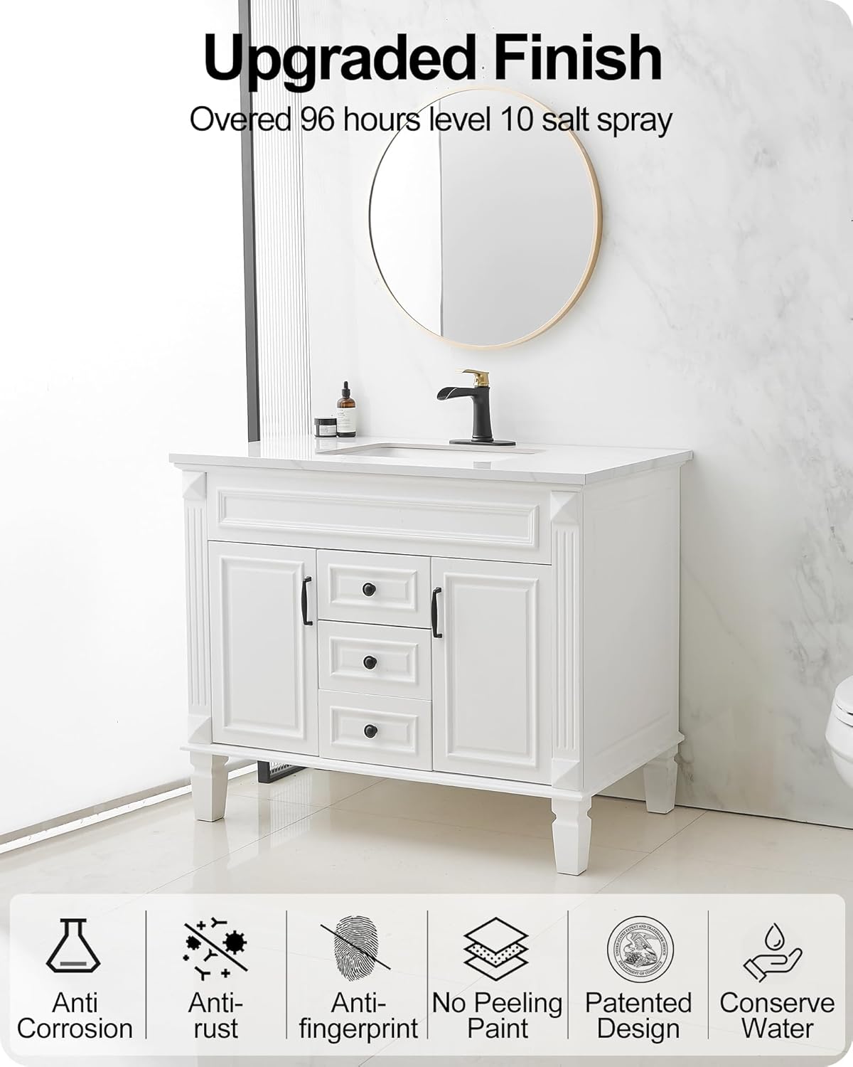 Brass Black and Gold Bathroom Faucet Waterfall, 1 Handle Bathroom Faucets for Sink 1 Hole or 3 Hole (4 Inch) with Drain Supply Hose & Deck Plate