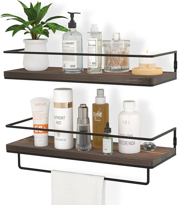 Floating Shelves for Wall Set of 2, Wall Mounted Storage Shelves with Metal Frame and Towel Rack for Bathroom