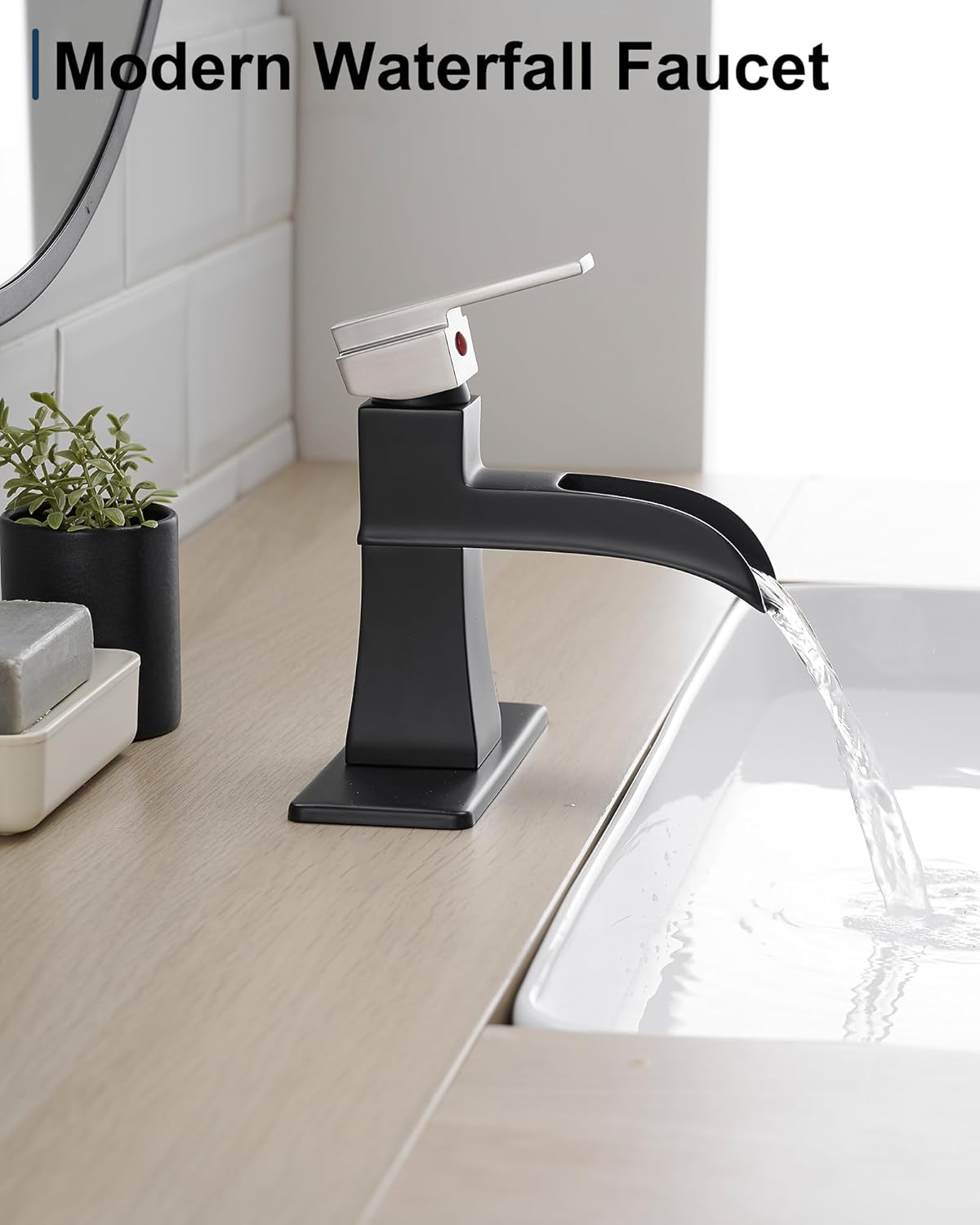 Brass Waterfall Faucet, Nickel and Black Bathroom Faucet, 1 Handle Bathroom Sink Faucets 1 Hole or 3 Hole (4 Inch) with Hoses Drain & Deck Plate