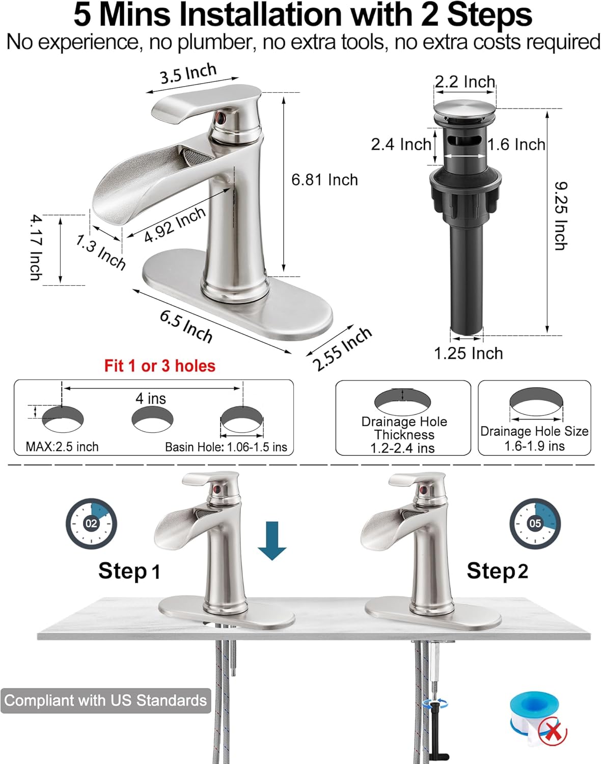 Waterfall Bathroom Faucet, Brass Brushed Nickel Bathroom Faucets, Single Handle Bathroom Sink Faucet, 4 Inch Vanity Faucet 1 Hole or 3 Holes with Drain Deck Plate & Supply Hoses for RV Lavatory