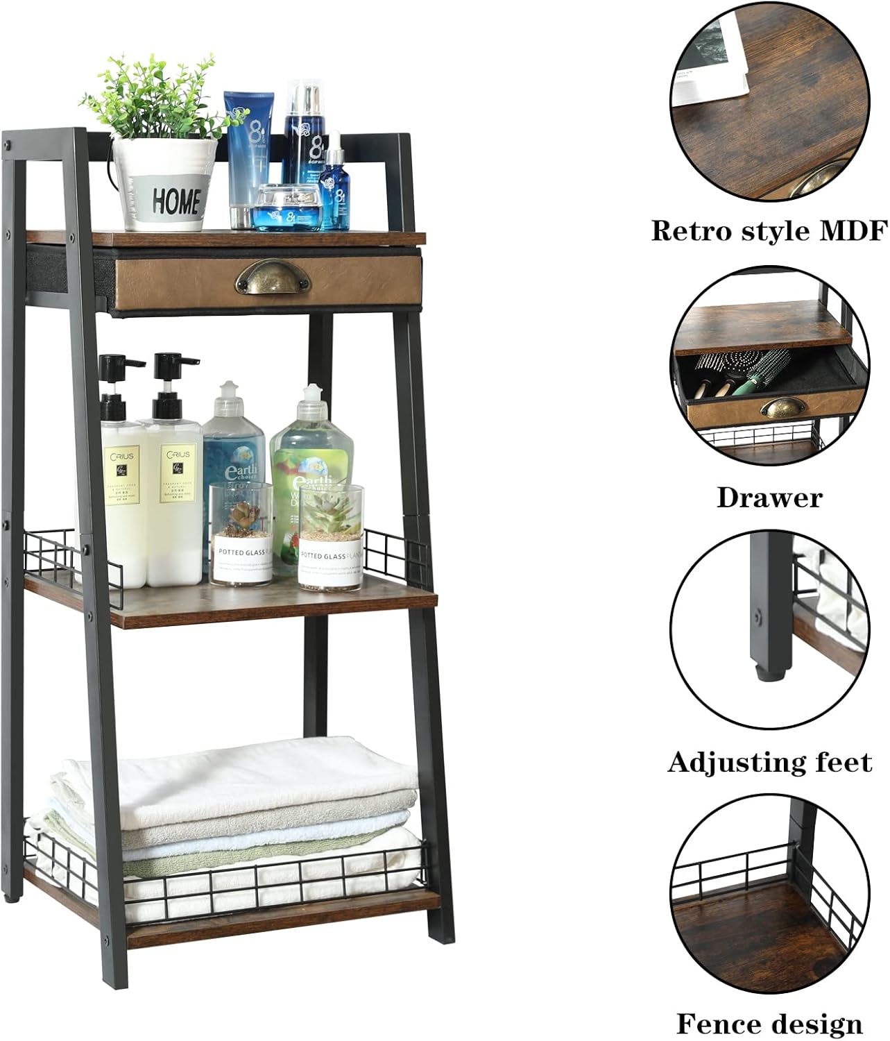 3-Tier Bathroom Ladder Shelf, Bathroom Floor Storage Shelf with Drawer, Freestanding Tower Shelf