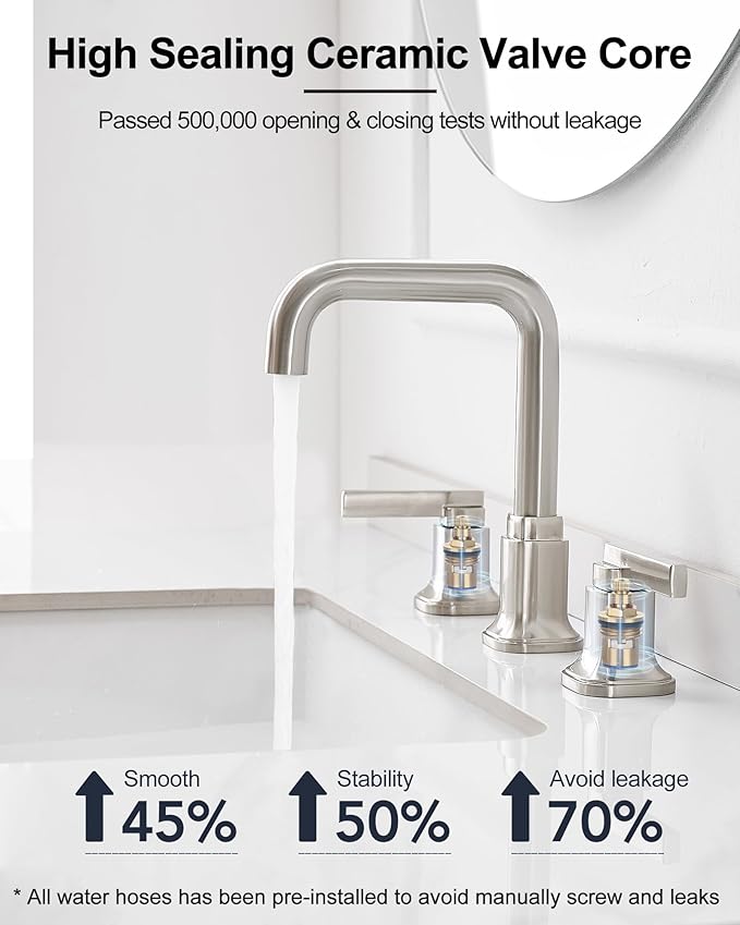 8 Inch Widespread Bathroom Faucet Brushed Nickel Bathroom Sink Faucet 3 Hole, 360 Degree Swivel Bathroom Faucets for Sink, 2 Handles Bath Faucet with Pop-Up Drain, 5 Mins Easy Installation