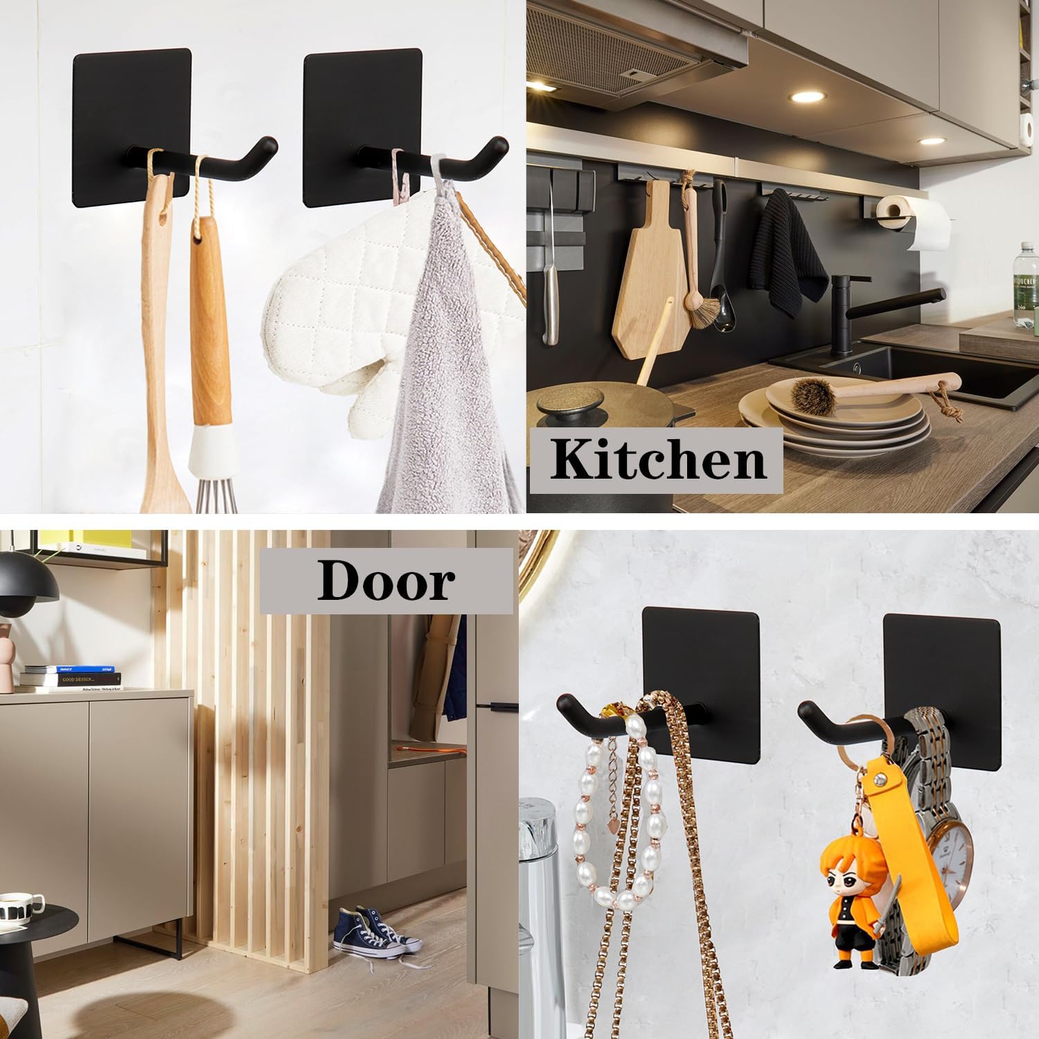 Bath Towel Hooks - 6 Pack Long Self Adhesive Coat/Clothes Hooks, No Drilling Strong Sticky Hooks, Heavy Duty 304 Stainless Steel Shower Wall Hook for Bathroom Kitchen Bedroom(Matte Black)