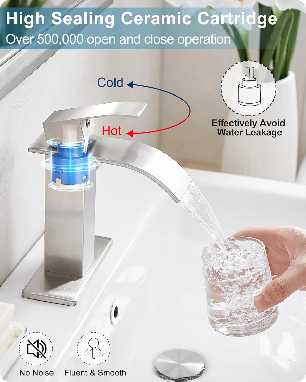 Brushed Nickel Bathroom Faucet Single Handle, Brass Waterfall Bathroom Sink Faucet 1 Hole or 4 Inch 3 Hole Bathroom Faucets with Deck Plate & Pop-up Drain Supply Hose for Lavatory No Splashing