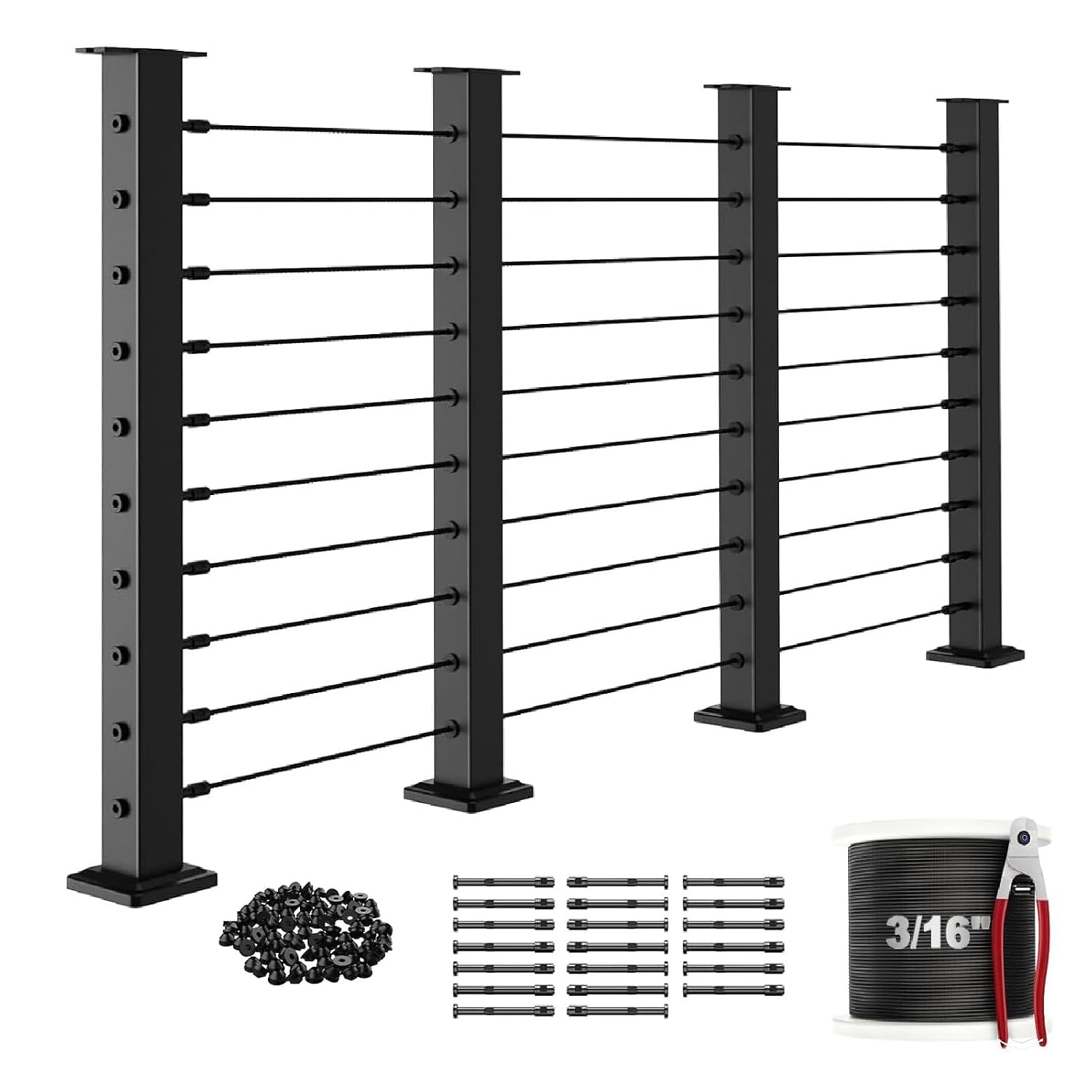 5-Post Cable Railing System Bundle | 36" Black Stainless Steel Posts + Complete Kit