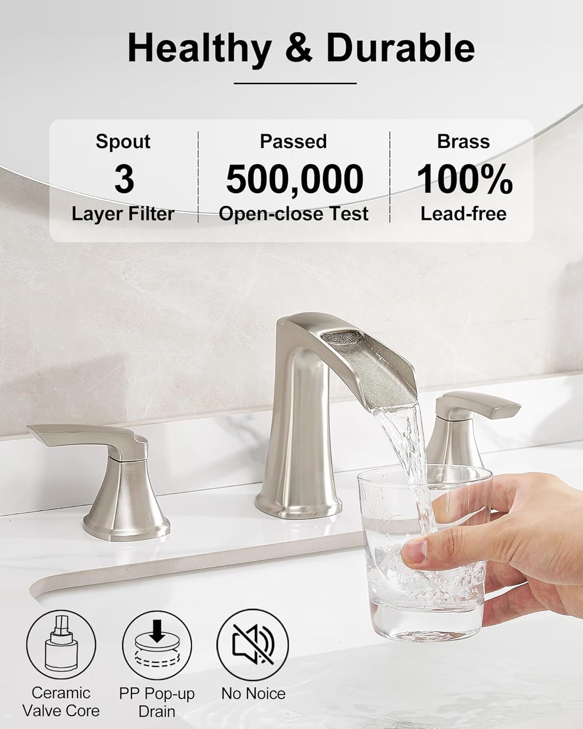 Brushed Nickel Bathroom Faucets, Brass Widespread Waterfall Faucet for Bathroom Sink, 3 Hole Bathroom Sink Faucet, 4-16 Inch 2 Handle Bathroom Vanity Faucets with Pop-up Drain for Lavatory RV