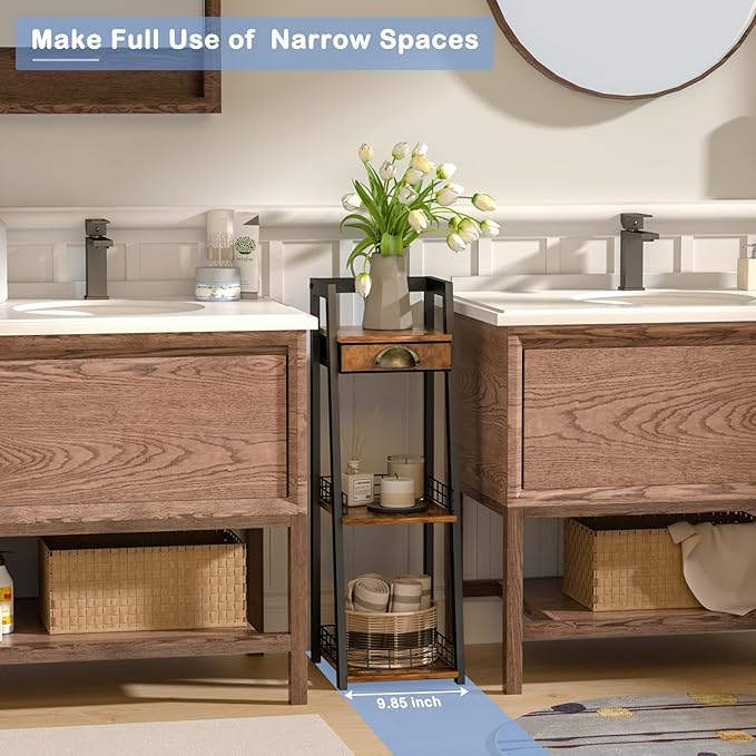 3-Tier Slim Bathroom Ladder Shelf, Bathroom Organizers and Storage with Drawer, Open Floor Standing Shelves