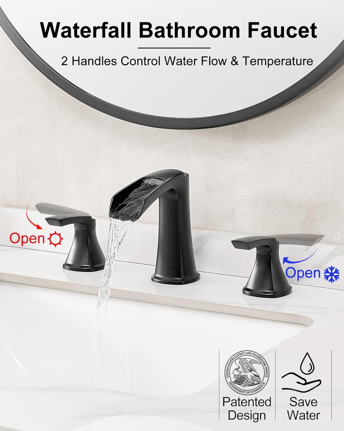 Black Widespread Bathroom Faucet, Brass Waterfall Bathroom Sink Faucet 3 Hole, 2 Handle Bathroom Faucets 8 Inch Faucet for Bathroom Sink Vanity Lavatory Farmhouse RV with Pop-up Drain & Hose