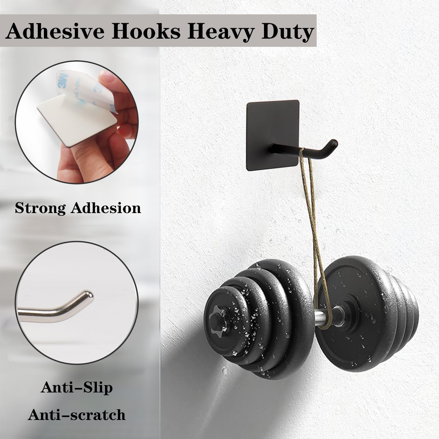 Bath Towel Hooks - 6 Pack Long Self Adhesive Coat/Clothes Hooks, No Drilling Strong Sticky Hooks, Heavy Duty 304 Stainless Steel Shower Wall Hook for Bathroom Kitchen Bedroom(Matte Black)