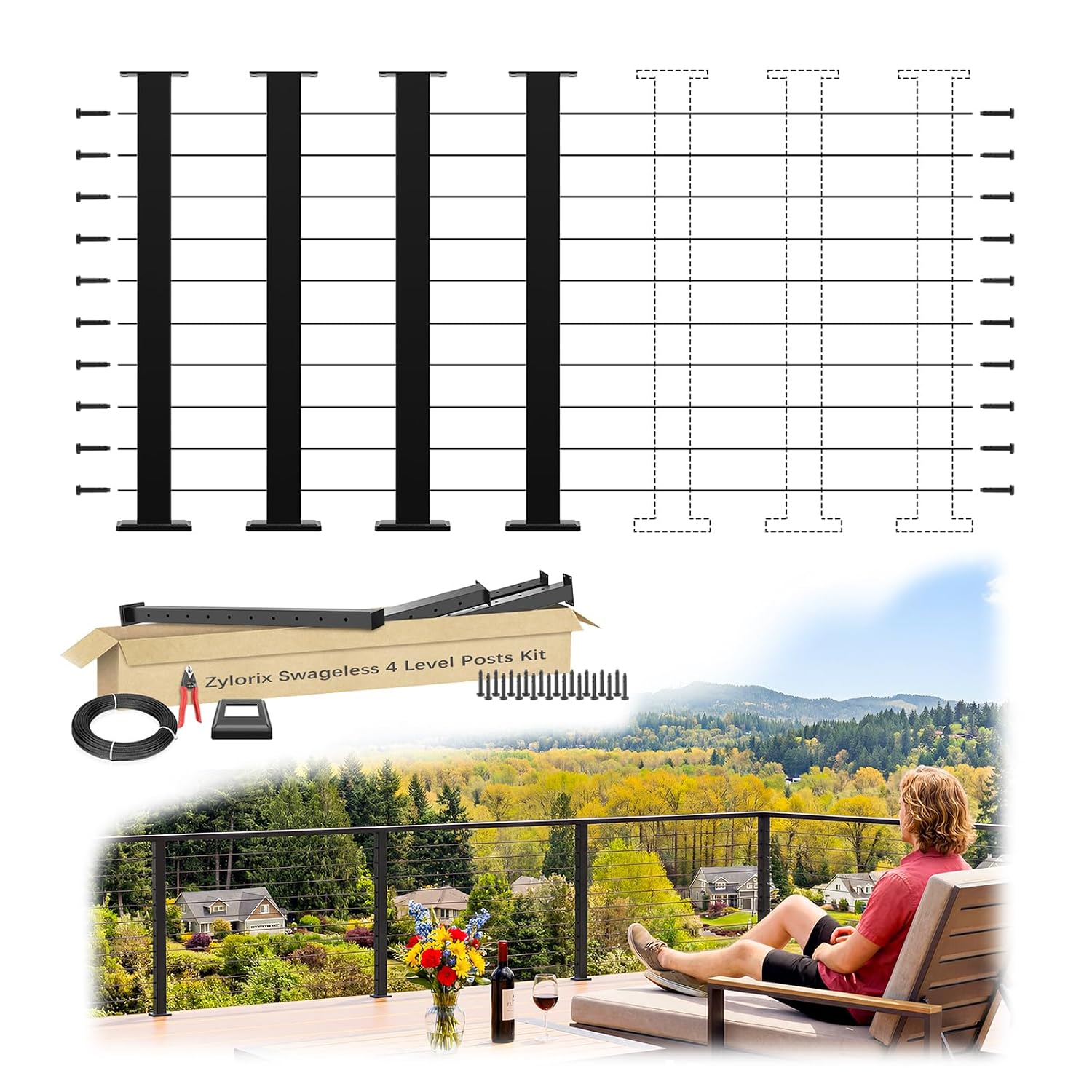 12-24FT Modular 36" Swageless Level Cable Railing System Post Kit