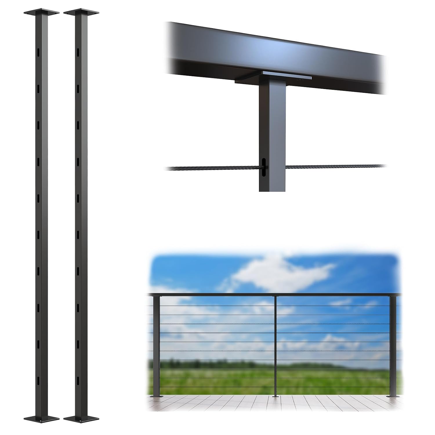  2Pack Black Aluminum Intermediate Cable Railing Post Level drilled 36" x3/4" Surface Mount Cable Railing System Kit