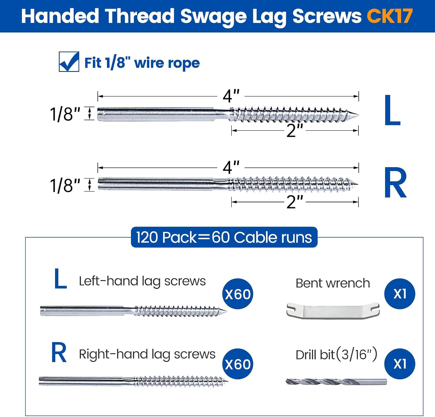  Cable Railing Hardware Swage Lag Screws CK17 120 Pack 1/8" Silver