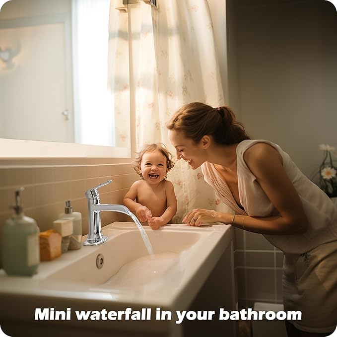 Waterfall Bathroom Sink Faucet Chrome, Brass 4 Inch Bathroom Faucet 3 Hole or 1 Hole, Single Handle Bathroom Faucets with Pop-up Drain & Deck Plate