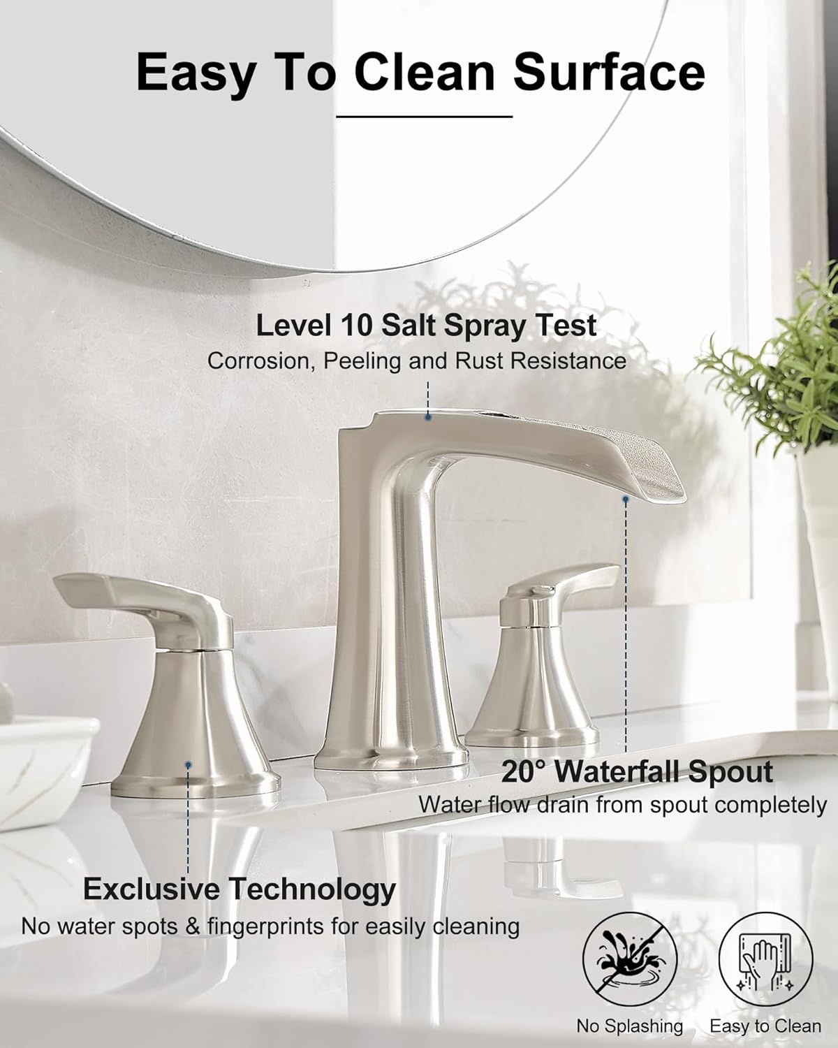 Brushed Nickel Bathroom Faucets, Brass Widespread Waterfall Faucet for Bathroom Sink, 3 Hole Bathroom Sink Faucet, 4-16 Inch 2 Handle Bathroom Vanity Faucets with Pop-up Drain for Lavatory RV