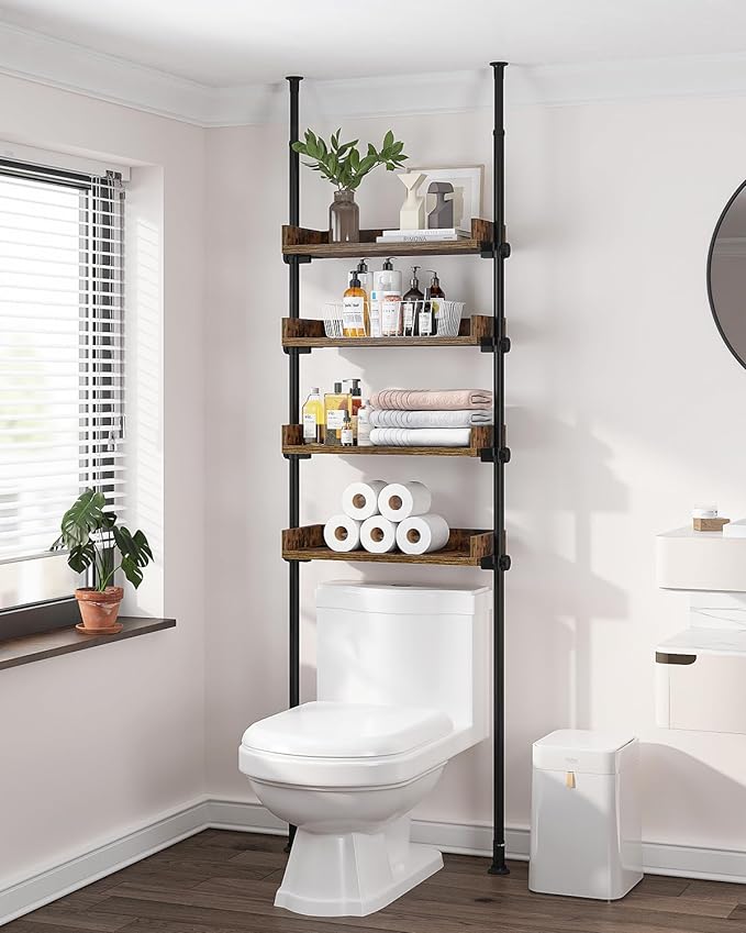 Bathroom Organizer, Over The Toilet Storage, 4-Tier Adjustable Wood Shelves for Small Rooms, Saver Space Rack