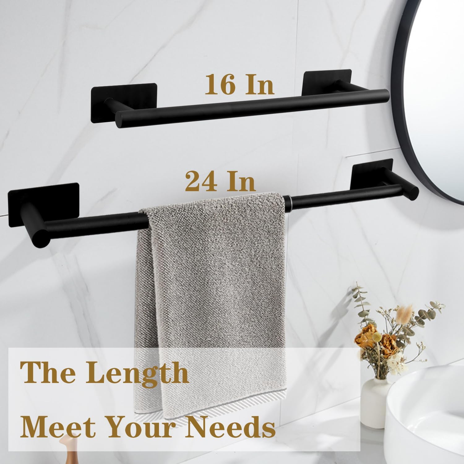 Self Adhesive Bath Towel Bar, Stainless Steel Towel Racks for Bathroom Adjustable 16-24In No Drill Towel Holder Stick on Wall Sturdy and Rustproof Towel Hanger for Bathroom(Matte Black)