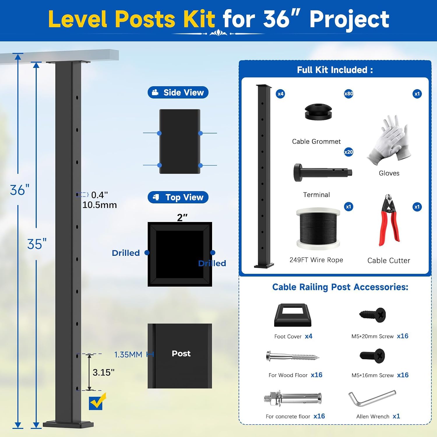 12-24FT Modular 36" Swageless Level Cable Railing System Post Kit