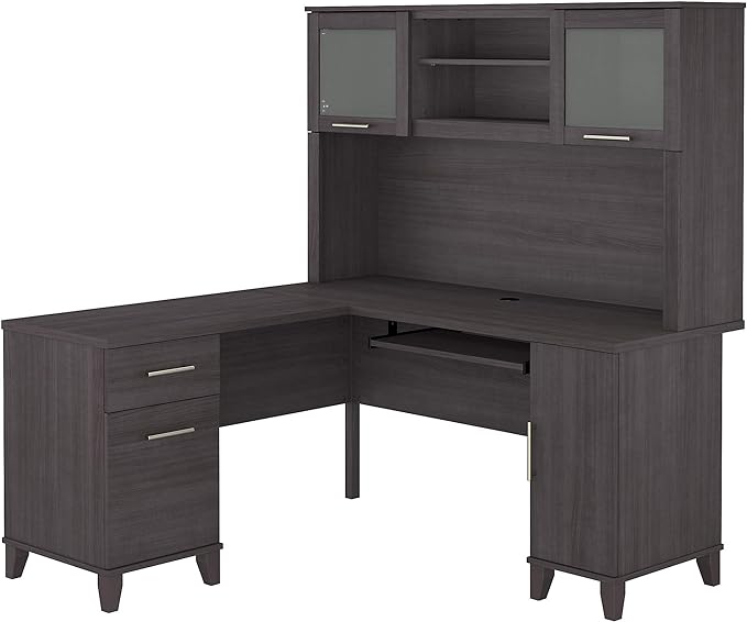 60-Inch W L-Shaped Desk with Hutch, Storm Gray