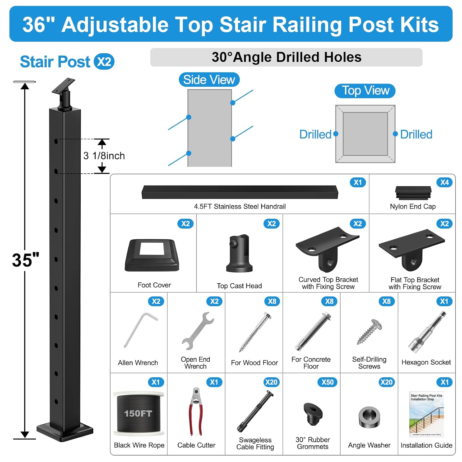 4FT-8FT Swageless Cable Railing Post Kit with Handrail for Stairs